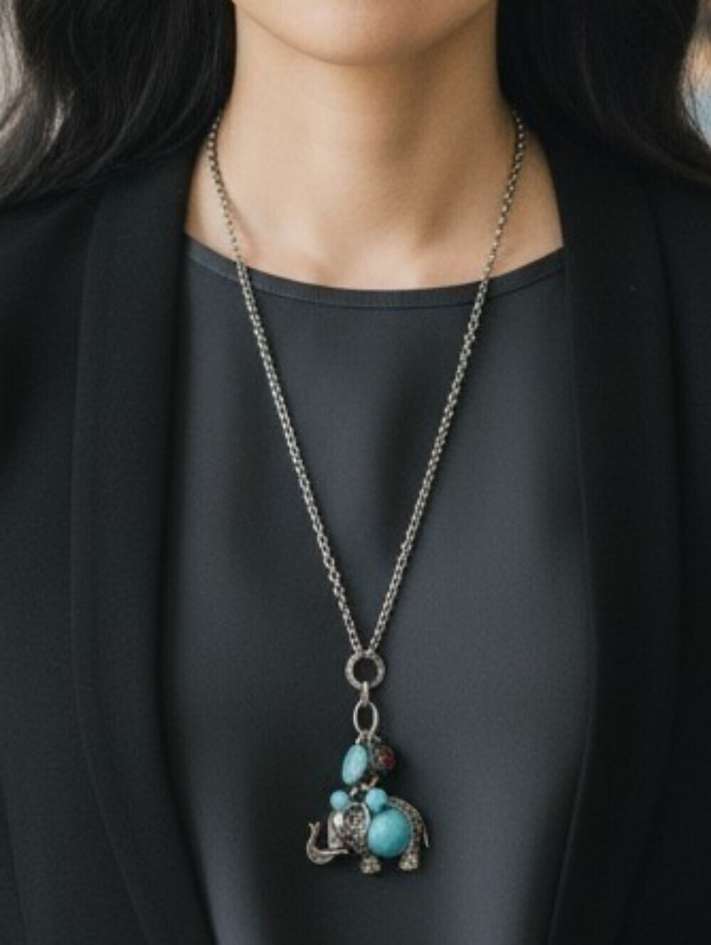 Ruby Rd Elephant Pendant Necklace Silvertone Turquoise Blue Beads Charms